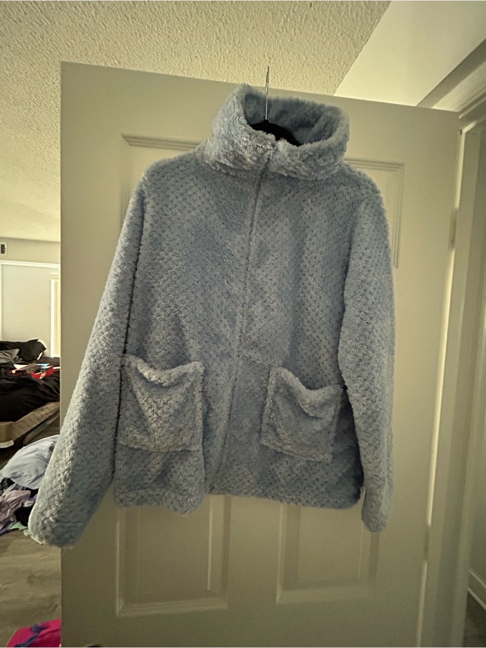 Women's Light Blue Teddy Sherpa Jacket with Front Pockets